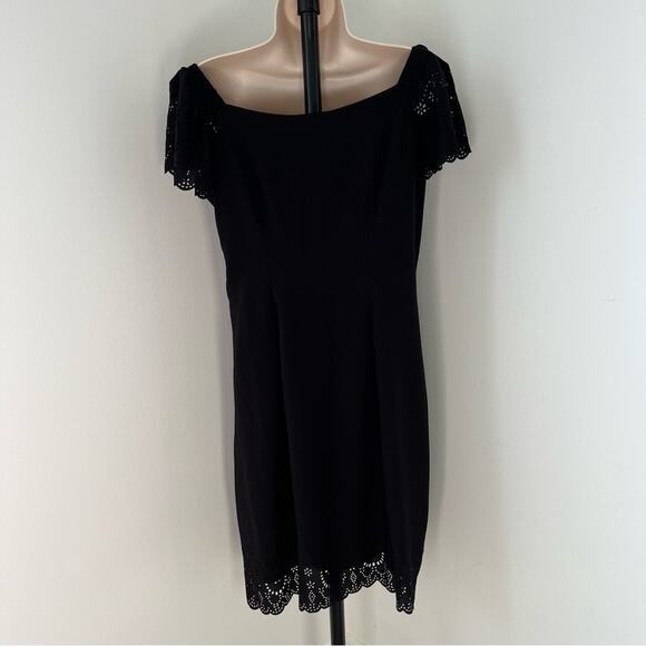 ELLE Black Eyelet Dress Short Sleeve Off Shoulder Cut Out Lace Detail LBD Size S - Picture 2 of 11